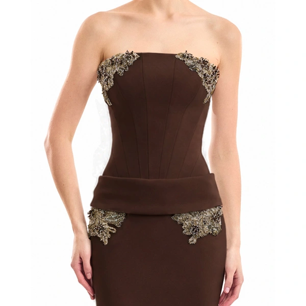 Gemy Maalouf Strapless Beaded Dress in Brown | Evening Gowns | Coveti, view 4