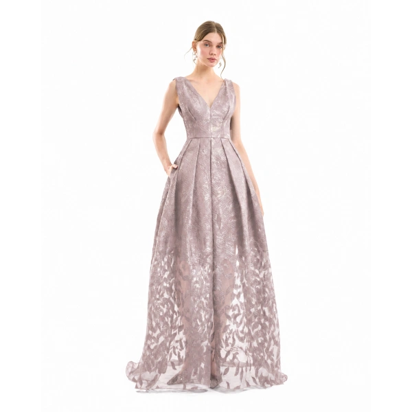 Gemy Maalouf V-Neck Jacquard Dress in Dusty Pink | Evening Gowns | Coveti, view 2