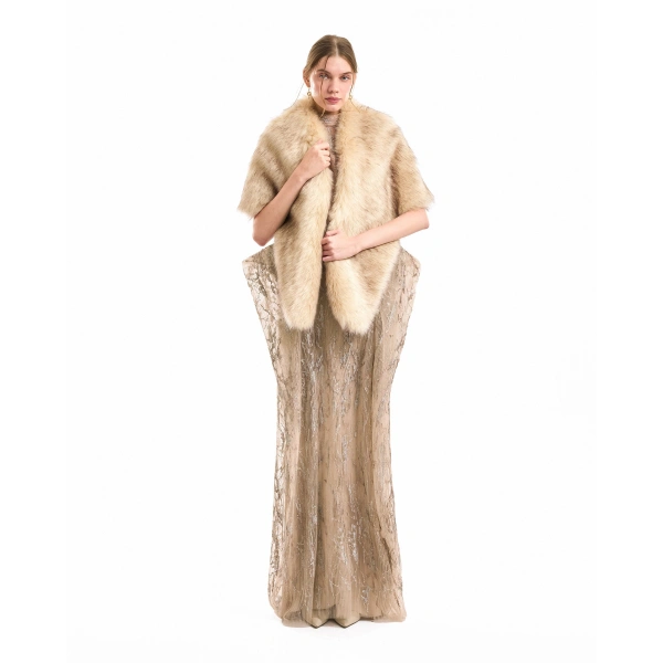 Gemy Maalouf Voluminous Fur Bolero in Beige | Fur Jackets | Coveti, view 2