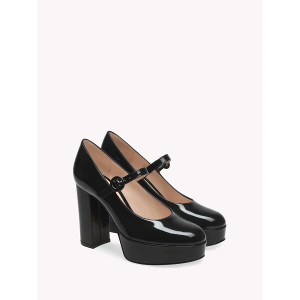 Gianvito Rossi Aurora Platform Mary Janes in Black Glossy Nappa, view 2 | Platform Heels