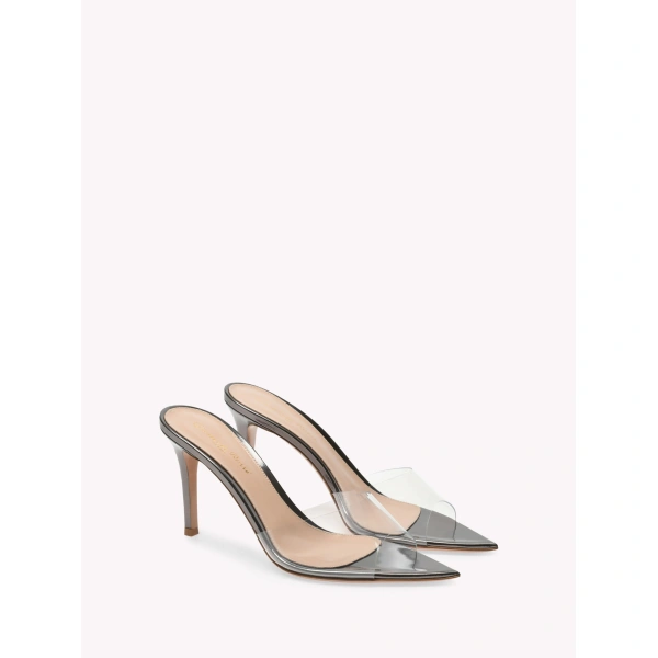Gianvito Rossi Elle 85 Mules in Silver Plexi, view 2 | Mules