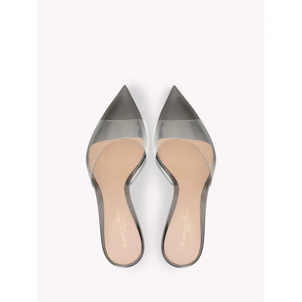 Gianvito Rossi Elle 85 Mules in Silver Plexi, view 3 | Mules