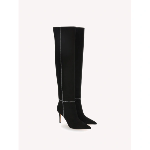 Gianvito Rossi Mayfair Crystal Knee-High Boots in Black Suede, view 2 | Knee-High Boots