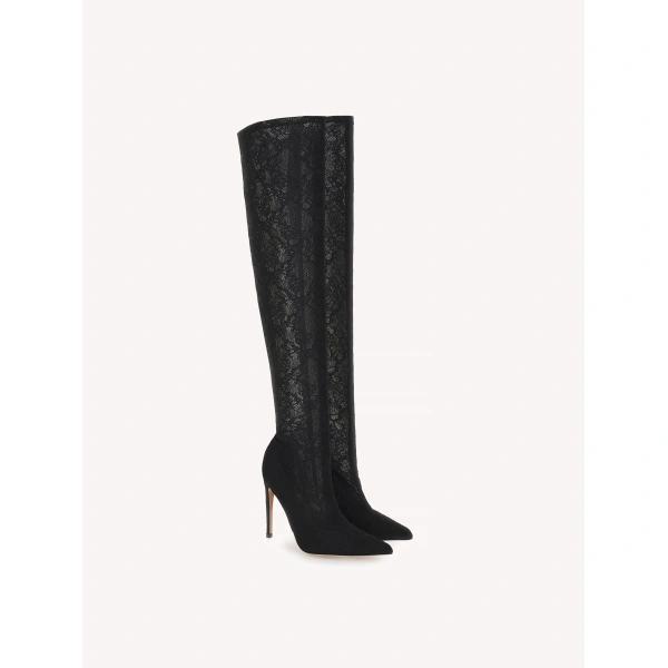 Gianvito Rossi Mia Knee-High Boots in Black Lace, view 2 | Knee-High Boots