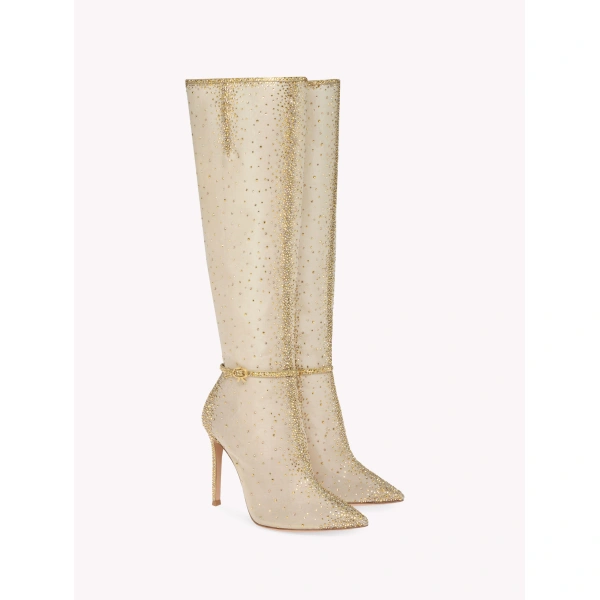 Gianvito Rossi Rania Knee-High Boots in Gold Organza, view 2 | Knee-High Boots