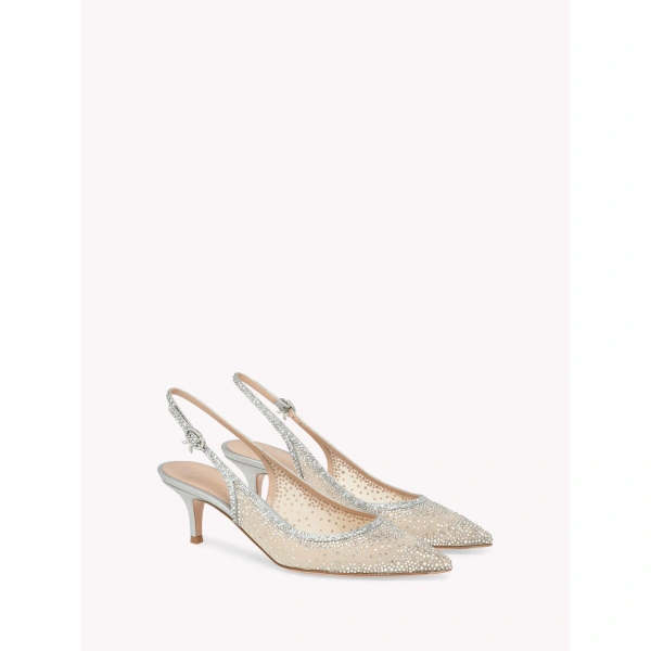 Gianvito Rossi Regina Slingbacks in Silver Organza, view 2 | Slingbacks