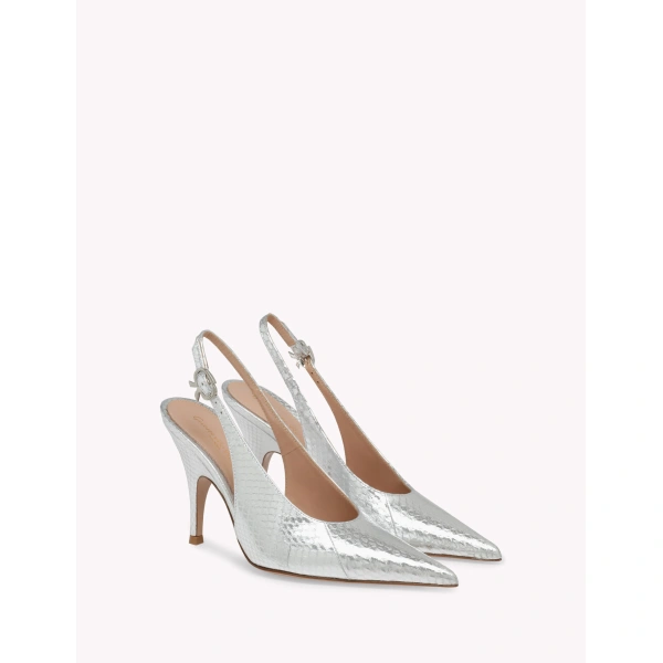 Gianvito Rossi Sofia Slingbacks in Silver Python, view 2 | Slingbacks
