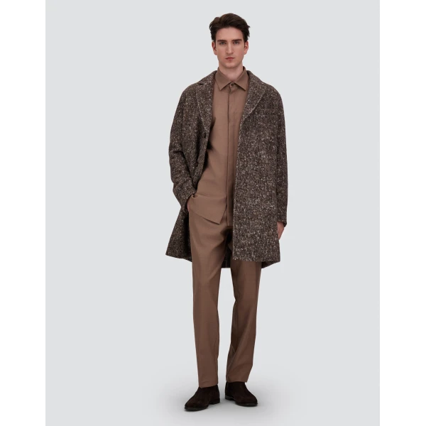 Herno Alpaca, Wool Herringbone and Suede Effect Coat in Dark Brown | Men's Coats | Coveti
