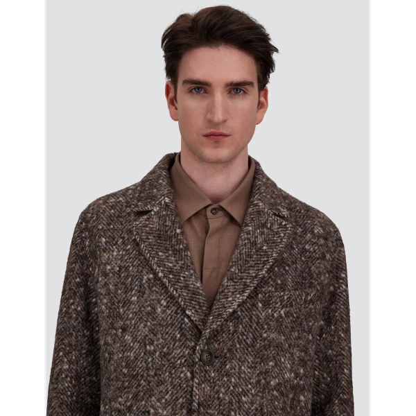 Herno Alpaca, Wool Herringbone and Suede Effect Coat in Dark Brown | Men's Coats | Coveti