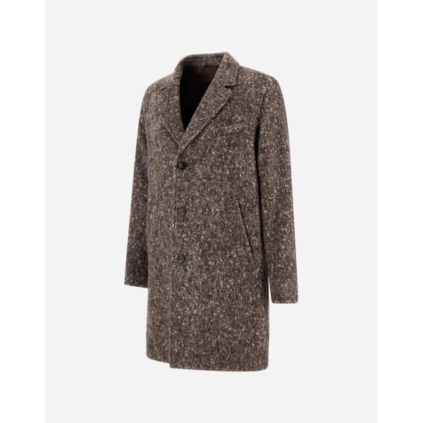 Herno Alpaca, Wool Herringbone and Suede Effect Coat in Dark Brown | Men's Coats | Coveti