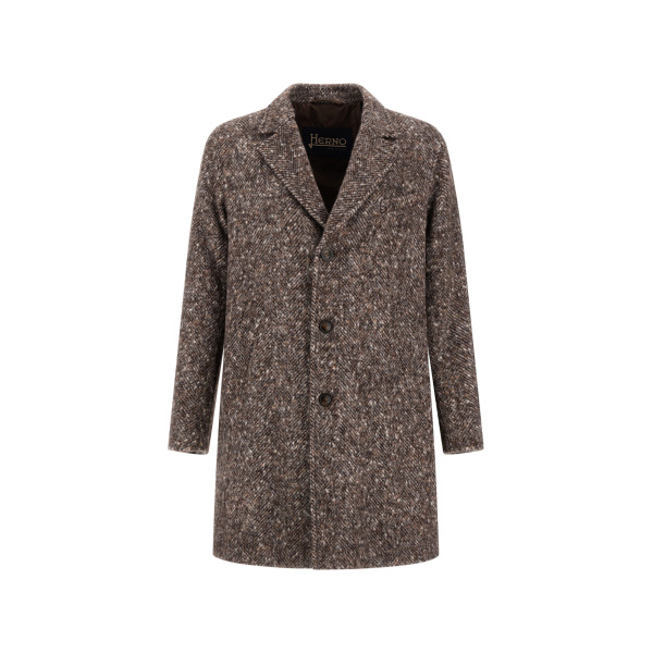 Herno Alpaca, Wool Herringbone and Suede Effect Coat in Dark Brown | Men's Coats | Coveti