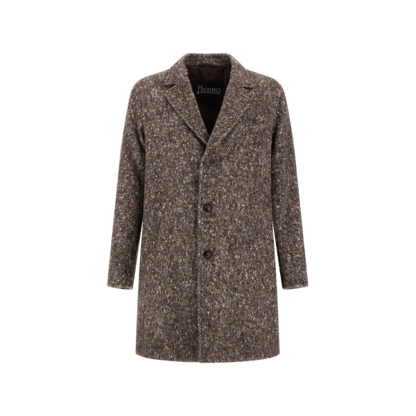 Herno Alpaca, Wool Herringbone and Suede Effect Coat in Dark Brown | Men's Coats | Coveti