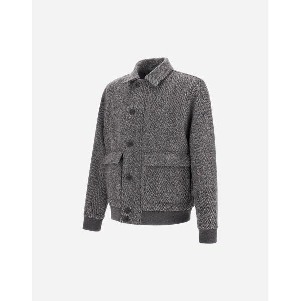 Herno Anthracite Bomber Jacket in Double-Layered Herringbone Wool Fabric | Men's Jackets | Coveti