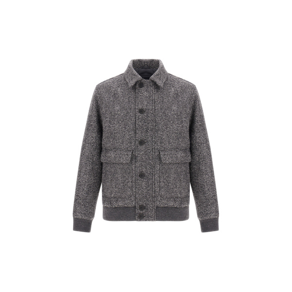 Herno Anthracite Bomber Jacket in Double-Layered Herringbone Wool Fabric | Men's Jackets | Coveti