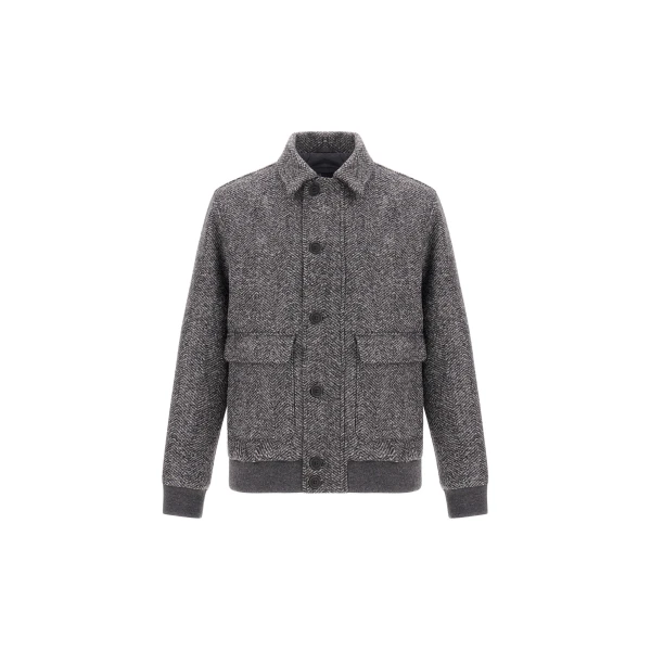 Herno Anthracite Bomber Jacket in Double-Layered Herringbone Wool Fabric | Men's Jackets | Coveti