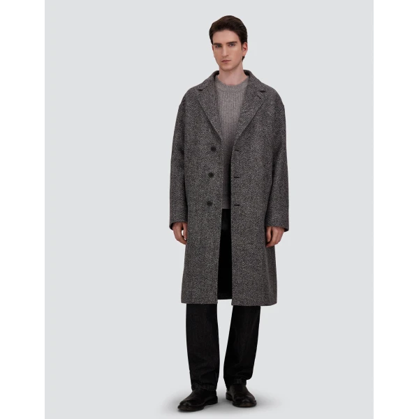 Herno Anthracite Coat in Double-Layered Herringbone Wool Fabric | Men's Coats | Coveti