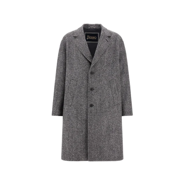 Herno Anthracite Coat in Double-Layered Herringbone Wool Fabric | Men's Coats | Coveti