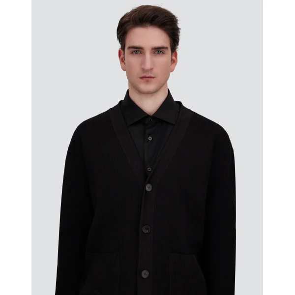 Herno Black Cardigan in Yarn with Raised Knit Pattern | Men's Knitwear | Coveti