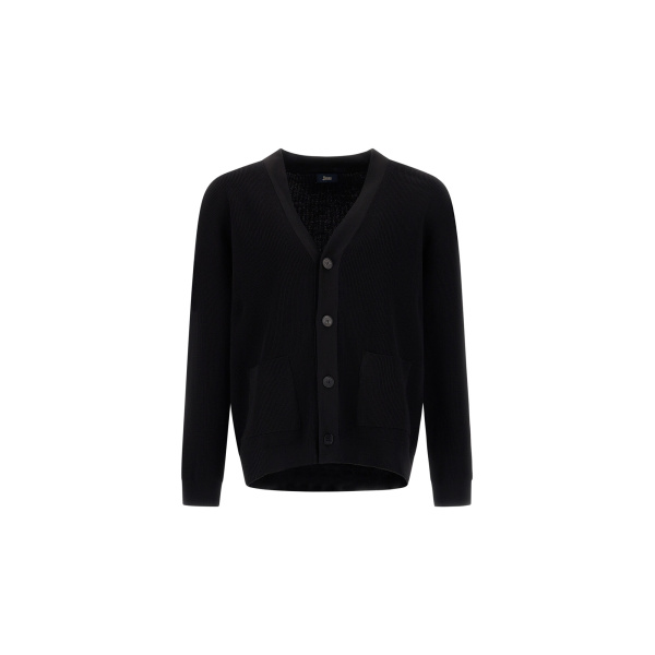 Herno Black Cardigan in Yarn with Raised Knit Pattern | Men's Knitwear | Coveti