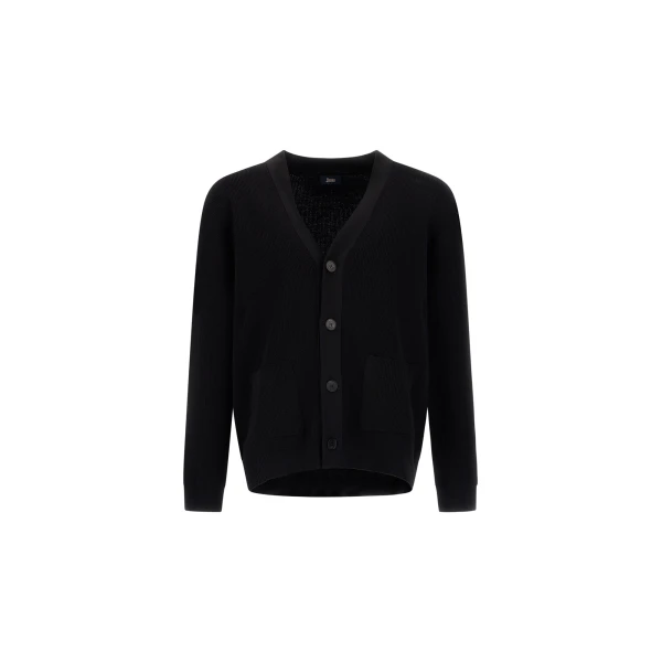 Herno Black Cardigan in Yarn with Raised Knit Pattern | Men's Knitwear | Coveti
