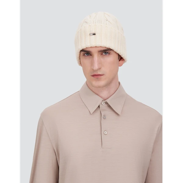 Herno Cable-Knit Wool Beanie in Milk White | Men's Hats | Coveti