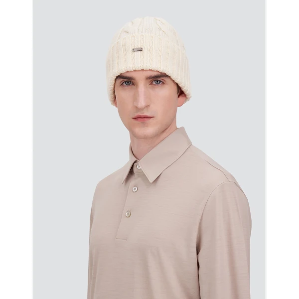 Herno Cable-Knit Wool Beanie in Milk White | Men's Hats | Coveti