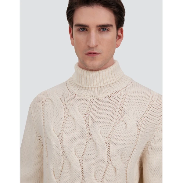 Herno Cable-Knit Wool Roll-Neck Jumper in Milk White | Men's Knitwear | Coveti