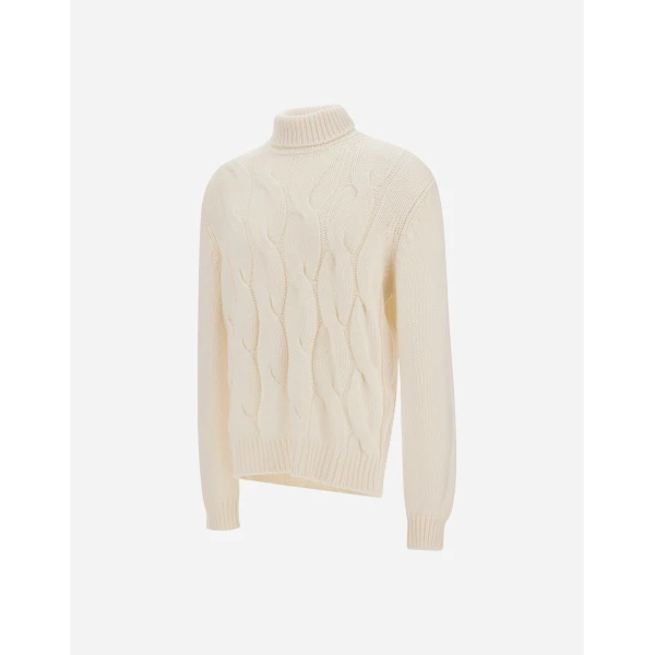 Herno Cable-Knit Wool Roll-Neck Jumper in Milk White | Men's Knitwear | Coveti