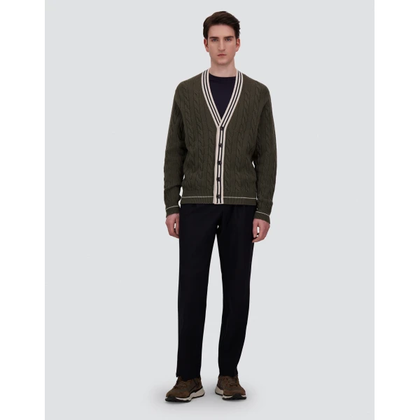 Herno Cable-Knit Wool and Cashmere Cardigan in Military and Pink | Men's Knitwear | Coveti
