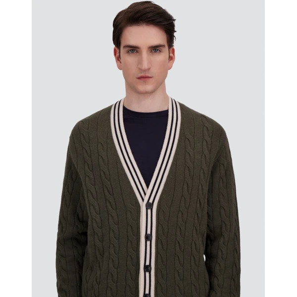 Herno Cable-Knit Wool and Cashmere Cardigan in Military and Pink | Men's Knitwear | Coveti