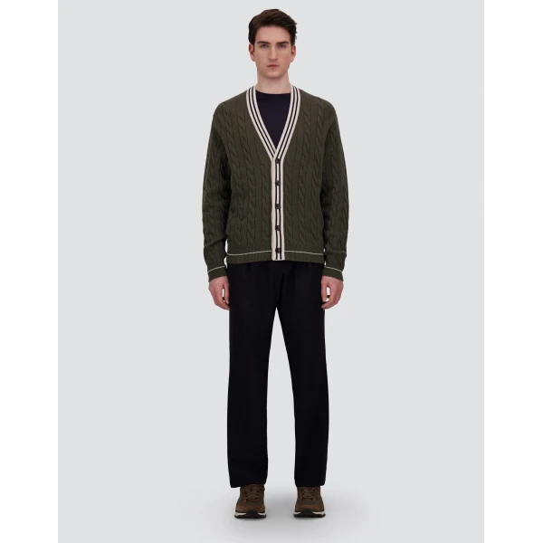 Herno Cable-Knit Wool and Cashmere Cardigan in Military and Pink | Men's Knitwear | Coveti