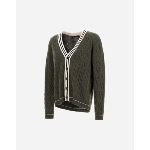 Herno Cable-Knit Wool and Cashmere Cardigan in Military and Pink | Men's Knitwear | Coveti