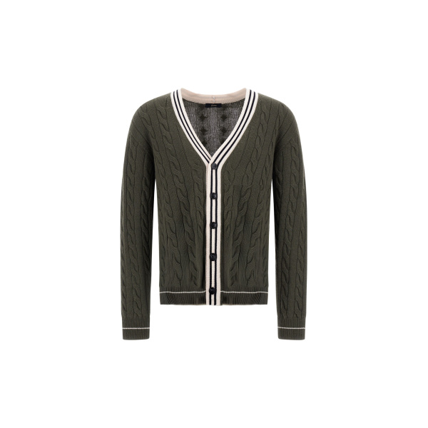 Herno Cable-Knit Wool and Cashmere Cardigan in Military and Pink | Men's Knitwear | Coveti