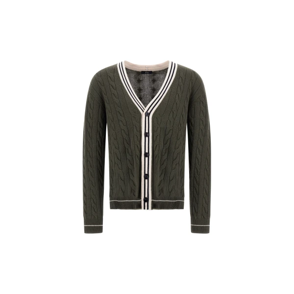 Herno Cable-Knit Wool and Cashmere Cardigan in Military and Pink | Men's Knitwear | Coveti