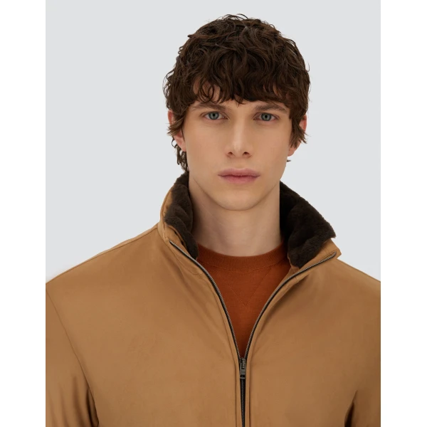 Herno Camel Resort Bomber Jacket in Suede-Effect Microfibre and Light Faux Fur | Men's Jackets | Coveti