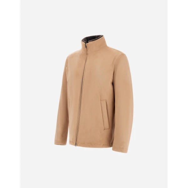 Herno Camel Resort Bomber Jacket in Suede-Effect Microfibre and Light Faux Fur | Men's Jackets | Coveti