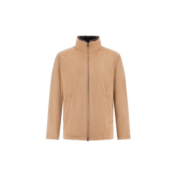 Herno Camel Resort Bomber Jacket in Suede-Effect Microfibre and Light Faux Fur | Men's Jackets | Coveti