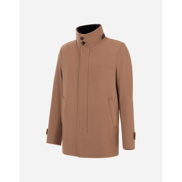 Herno Camel Short Coat in Pure Cashmere and Suede Effect | Men's Coats | Coveti