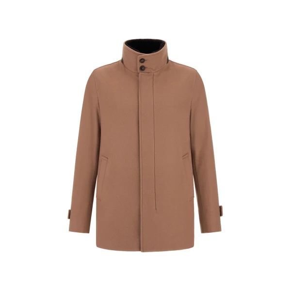 Herno Camel Short Coat in Pure Cashmere and Suede Effect | Men's Coats | Coveti