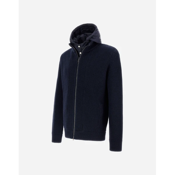 Herno Dark Blue Jacket in Ribbed Merino Wool G.5 and Nylon Chamonix | Men's Jackets | Coveti