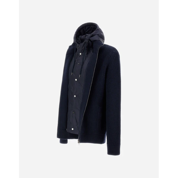 Herno Dark Blue Jacket in Ribbed Merino Wool G.5 and Nylon Chamonix | Men's Jackets | Coveti