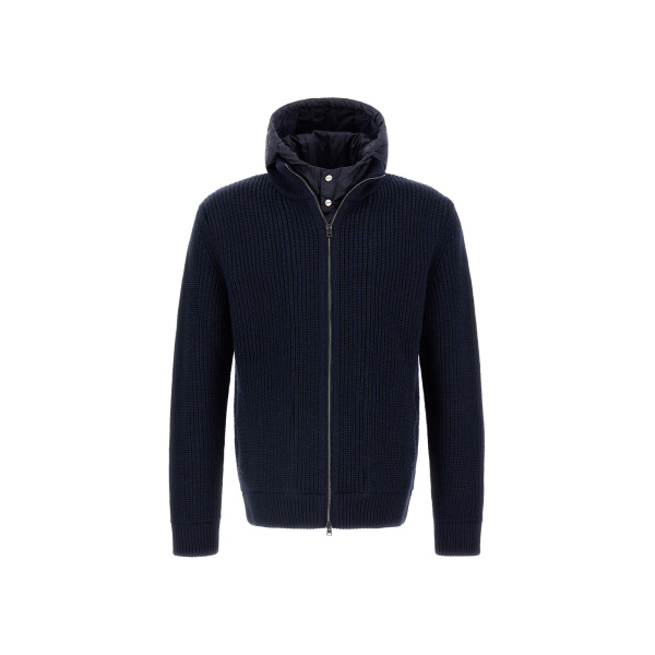 Herno Dark Blue Jacket in Ribbed Merino Wool G.5 and Nylon Chamonix | Men's Jackets | Coveti