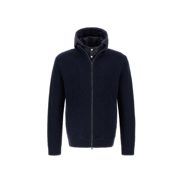 Dark Blue Jacket in Ribbed Merino Wool G.5 and Nylon Chamonix