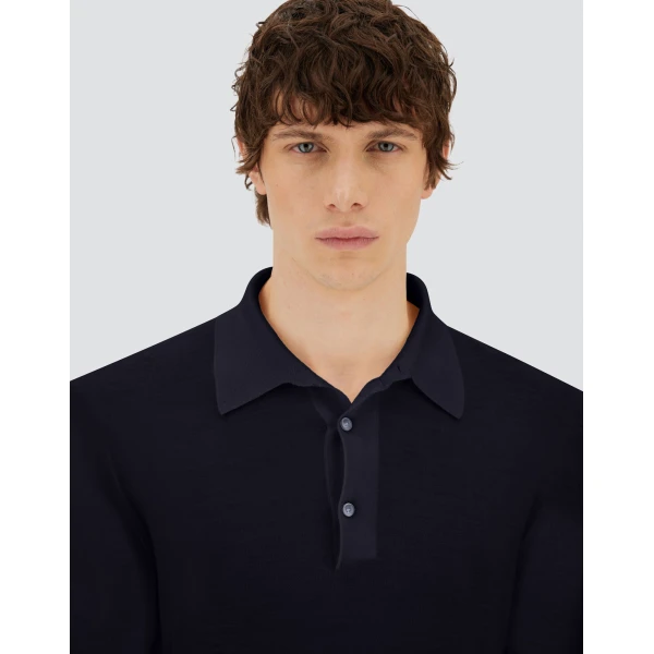 Herno Dark Blue Resort Polo Shirt in Wool and Silk Knit | Men's T-Shirts and Polos | Coveti
