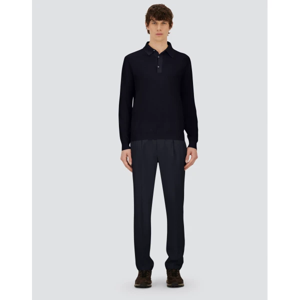 Herno Dark Blue Resort Polo Shirt in Wool and Silk Knit | Men's T-Shirts and Polos | Coveti
