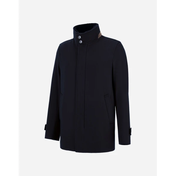 Herno Dark Blue Short Coat in Pure Cashmere and Suede Effect | Men's Coats | Coveti