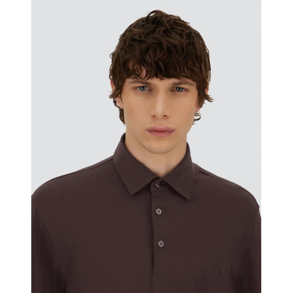 Herno Dark Brown Resort Long-Sleeve Polo Shirt in Wool Jersey with a Shiny Finish | Men's T-Shirts and Polos | Coveti