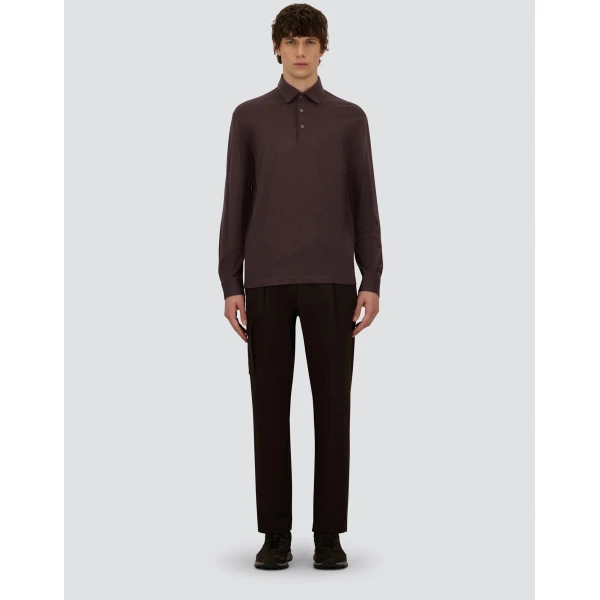 Herno Dark Brown Resort Long-Sleeve Polo Shirt in Wool Jersey with a Shiny Finish | Men's T-Shirts and Polos | Coveti