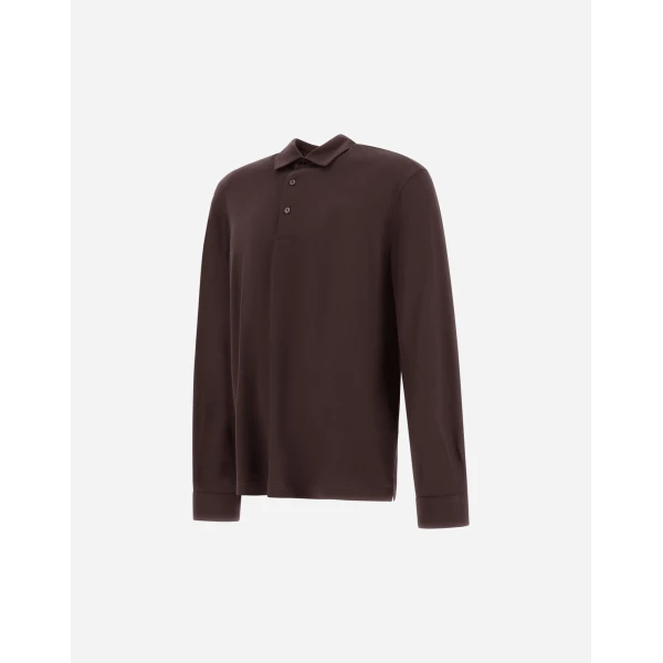 Herno Dark Brown Resort Long-Sleeve Polo Shirt in Wool Jersey with a Shiny Finish | Men's T-Shirts and Polos | Coveti