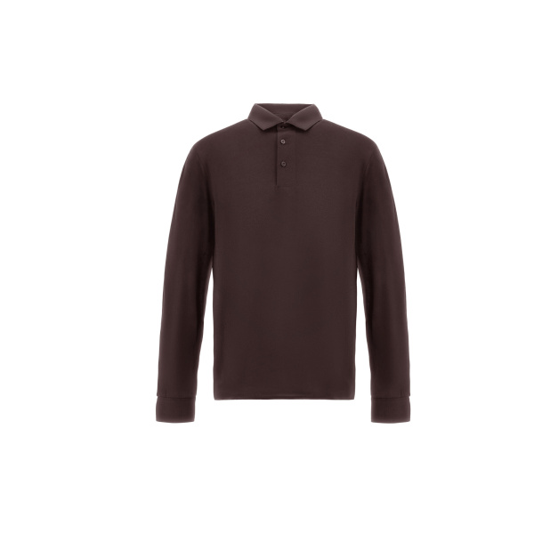 Herno Dark Brown Resort Long-Sleeve Polo Shirt in Wool Jersey with a Shiny Finish | Men's T-Shirts and Polos | Coveti